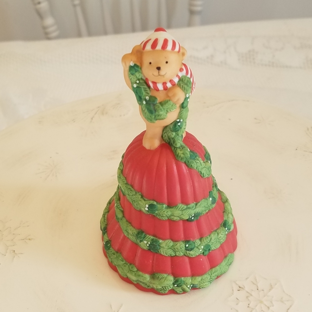 Avon Collection Christmas Bell Teddy Bear Handle Garland Porcelain 1991